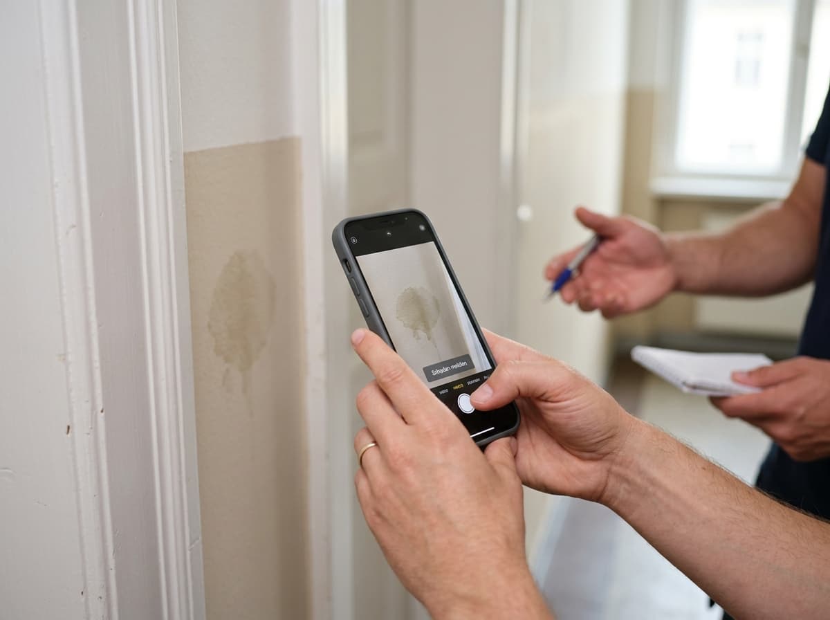 Schaden wird mit dem Smartphone im Treppenhaus fotografiert